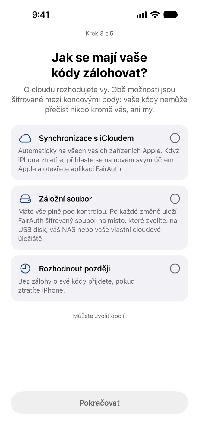 Výběr, jak FairAuth zálohuje vaše kódy