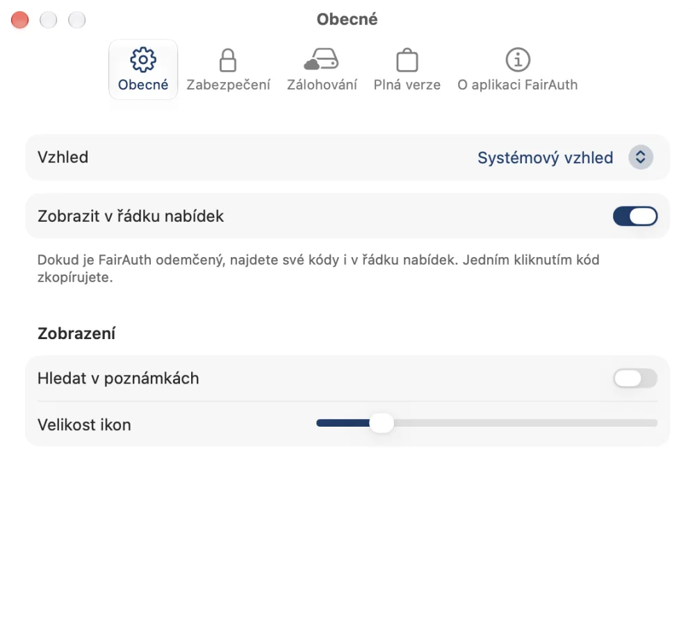 Nastavení FairAuthu na Macu s kódy v řádku nabídek