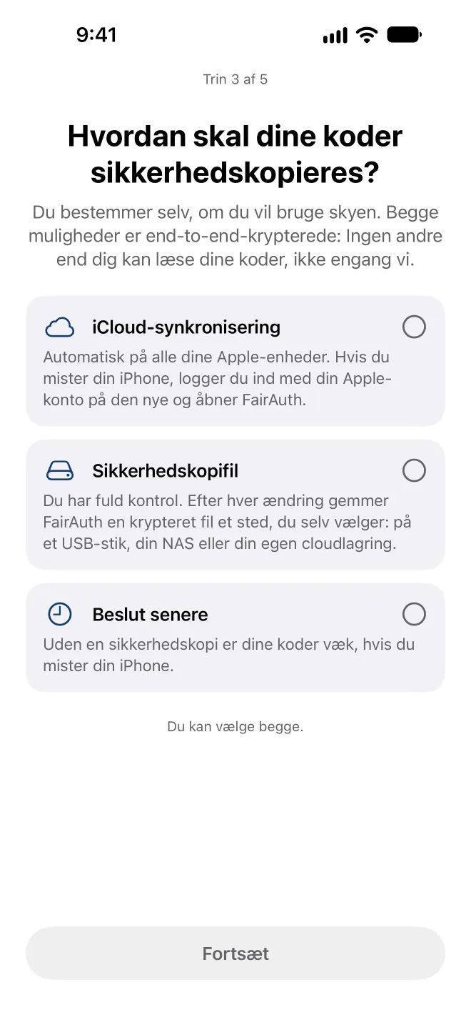 Vælg, hvordan FairAuth sikkerhedskopierer dine koder