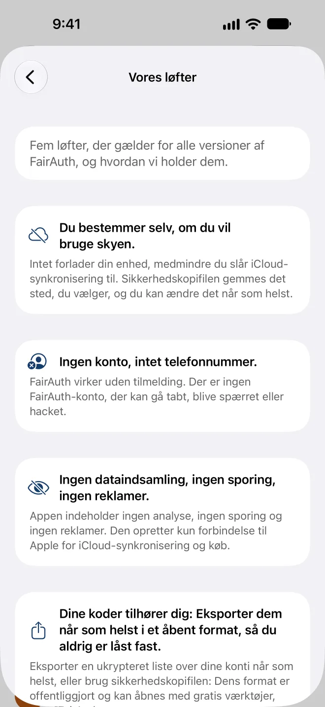 De fem løfter i appen