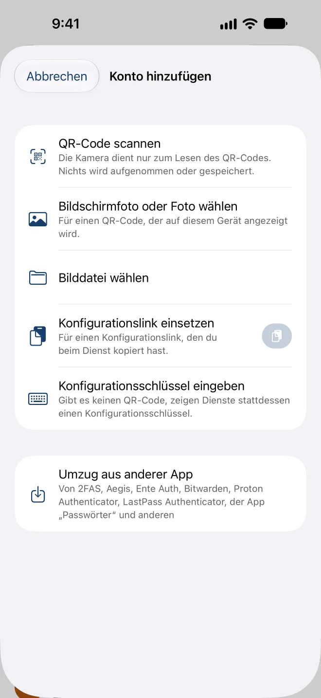 Konto hinzufügen: QR-Code scannen, Bildschirmfoto wählen, Einrichtungslink einsetzen oder Schlüssel eingeben