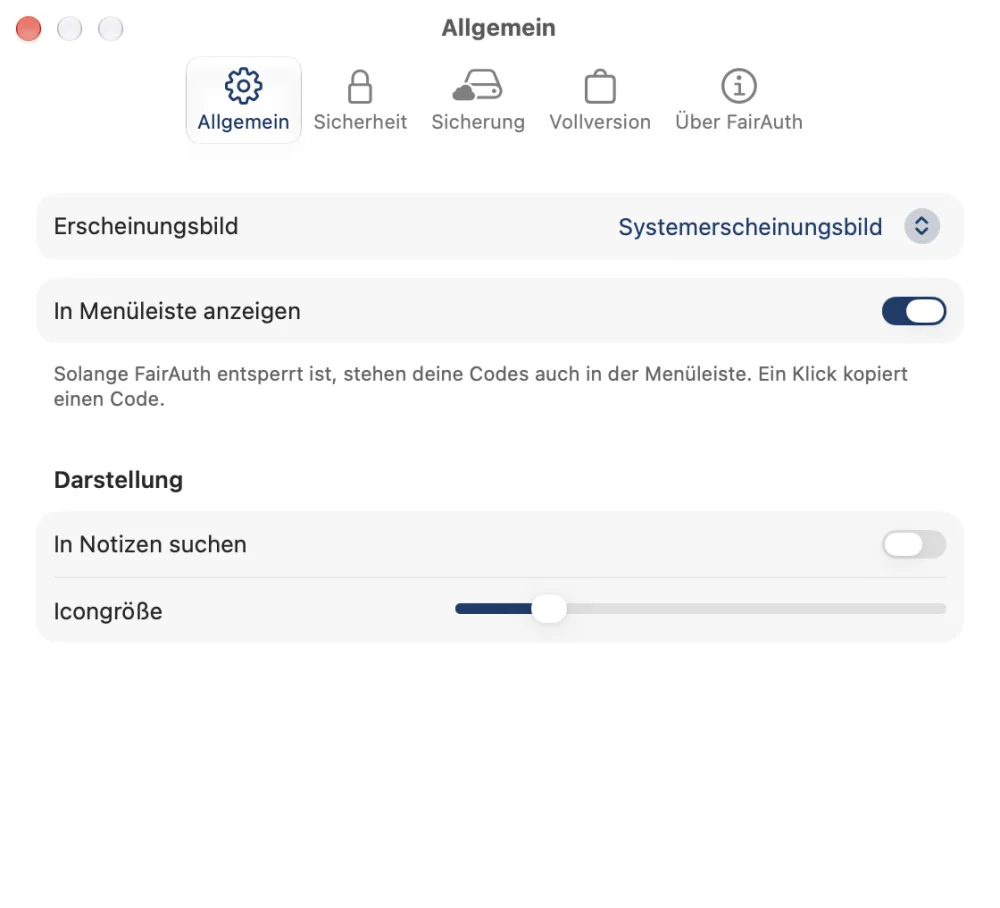 Die Einstellungen von FairAuth auf dem Mac, mit den Codes in der Menüleiste