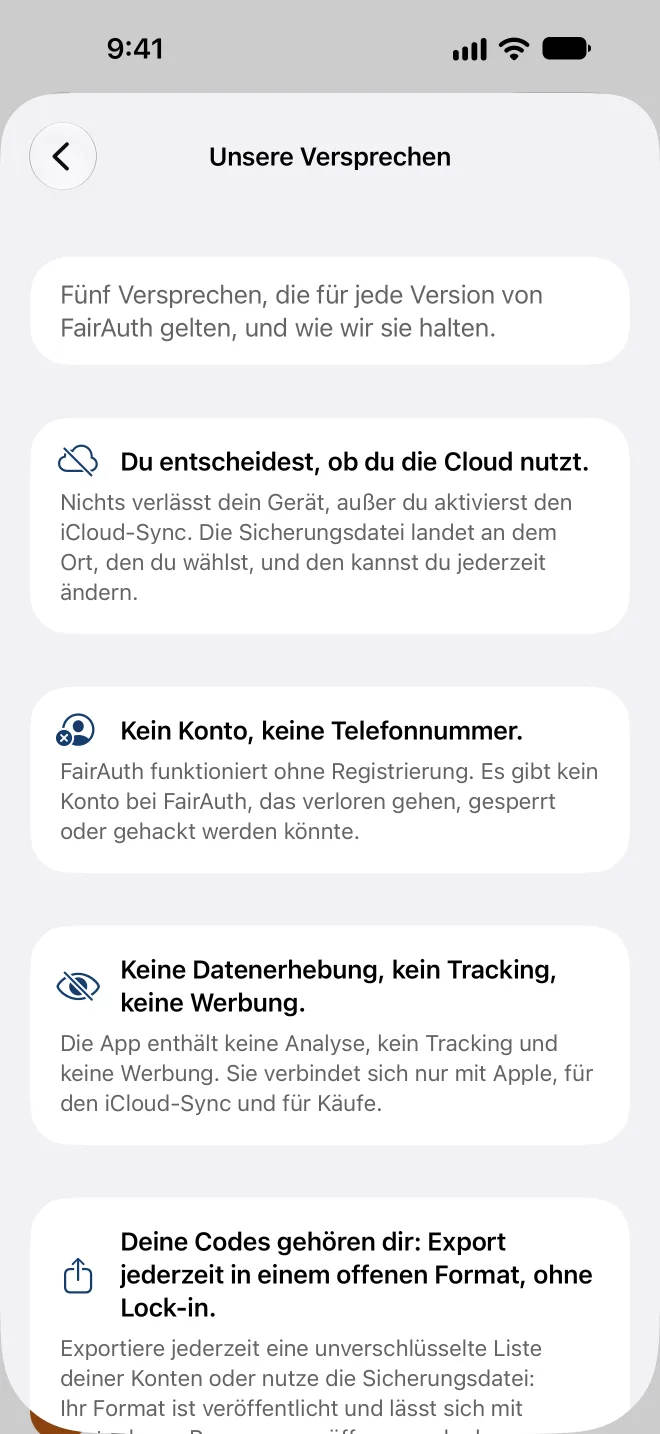Die fünf Versprechen in der App