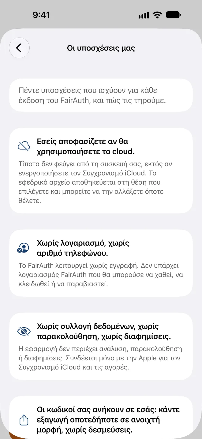 Οι πέντε υποσχέσεις στην εφαρμογή
