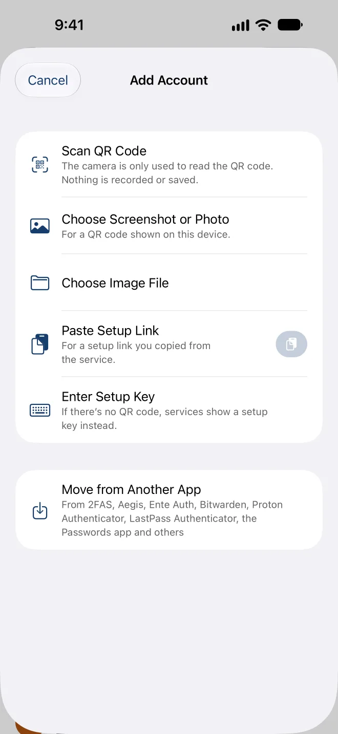Adding an account: scan a QR code, choose a screenshot, paste a setup link or enter the key
