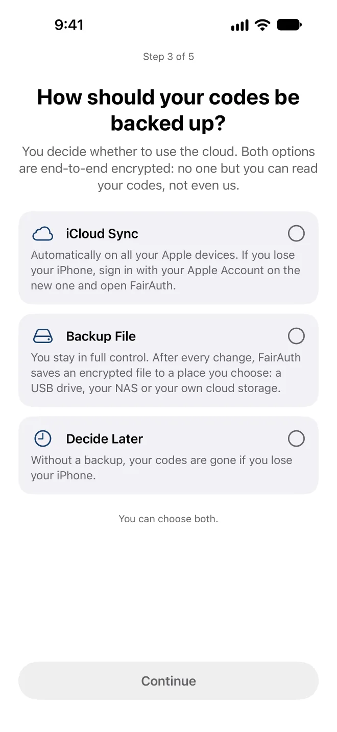 Choosing how FairAuth backs up your codes