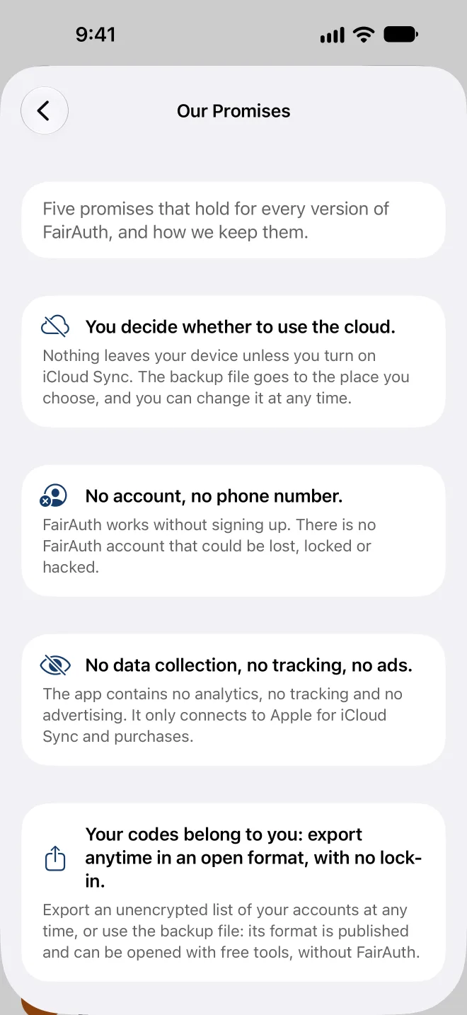 The five promises in the app