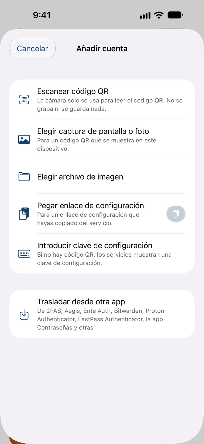 Añadir una cuenta: escanear un código QR, elegir una captura de pantalla, pegar un enlace de configuración o introducir la clave