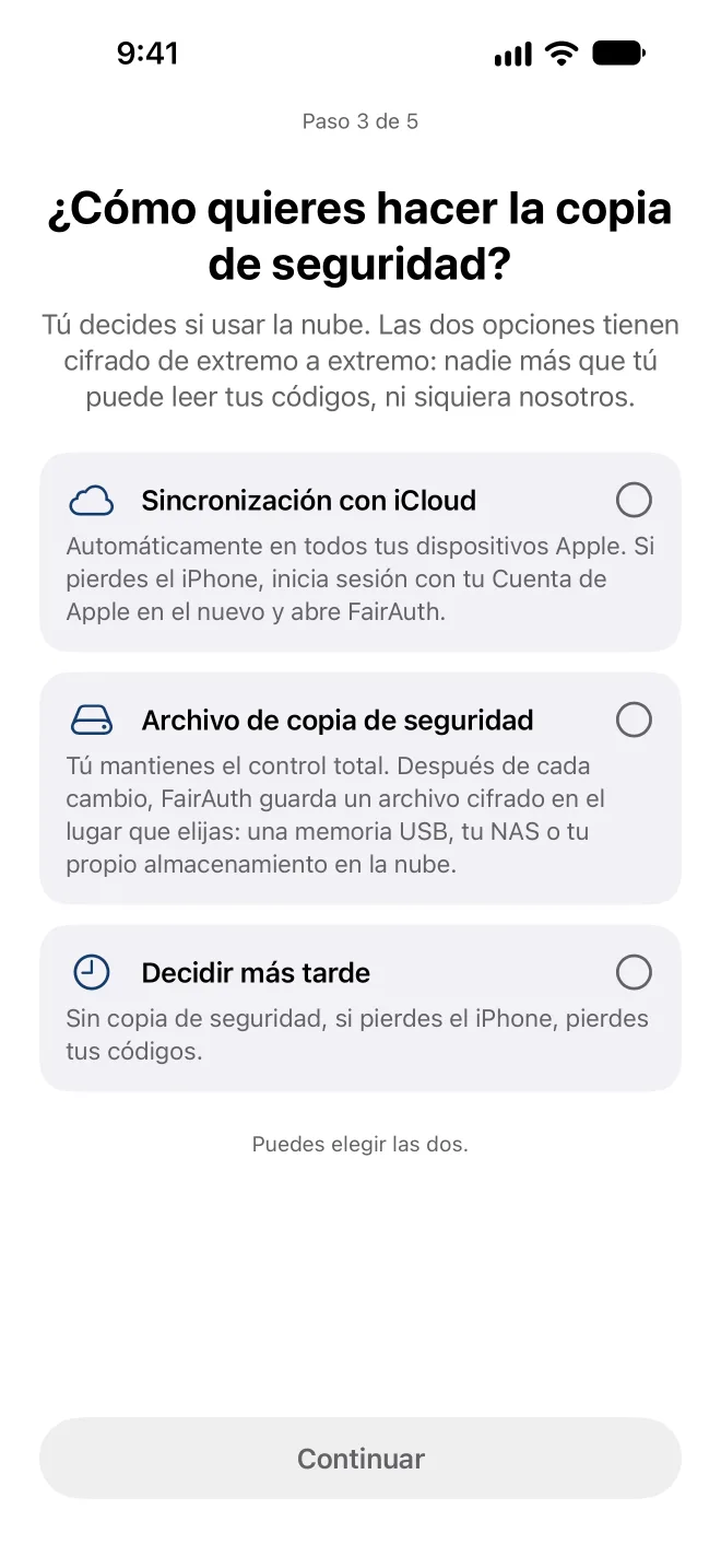 Elegir cómo FairAuth hace copia de seguridad de tus códigos
