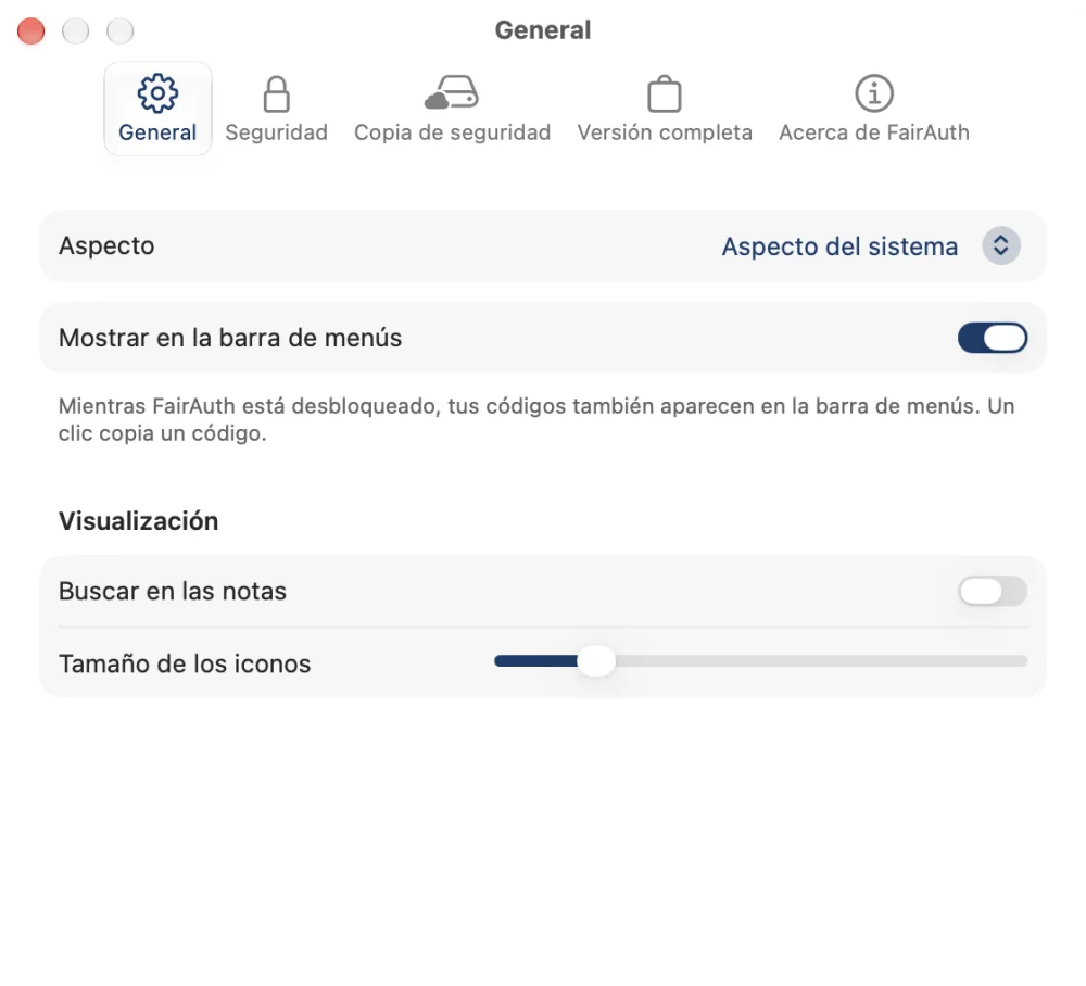 Los ajustes de FairAuth en el Mac, con los códigos en la barra de menús