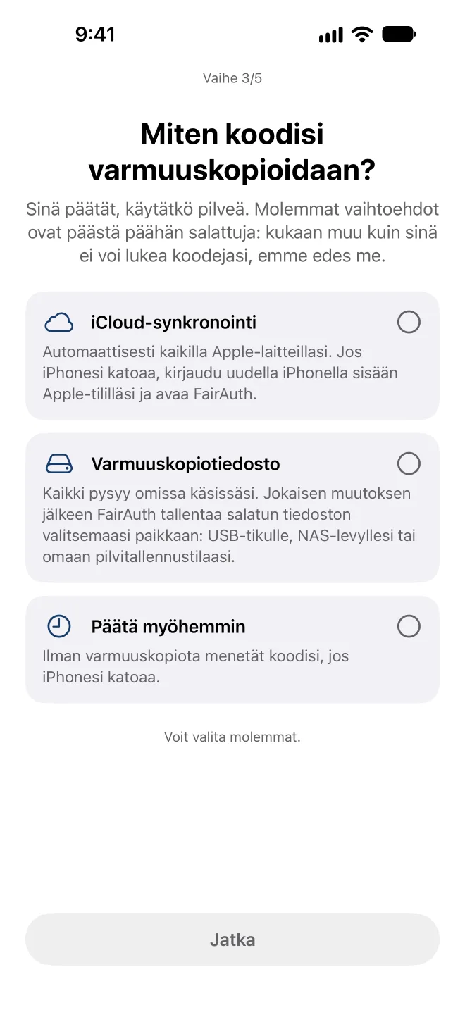 Valinta, miten FairAuth varmuuskopioi koodisi