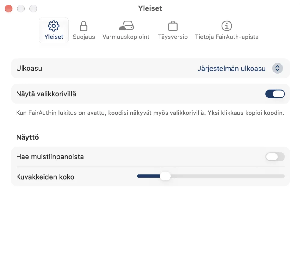 FairAuthin asetukset Macilla, koodit valikkorivillä