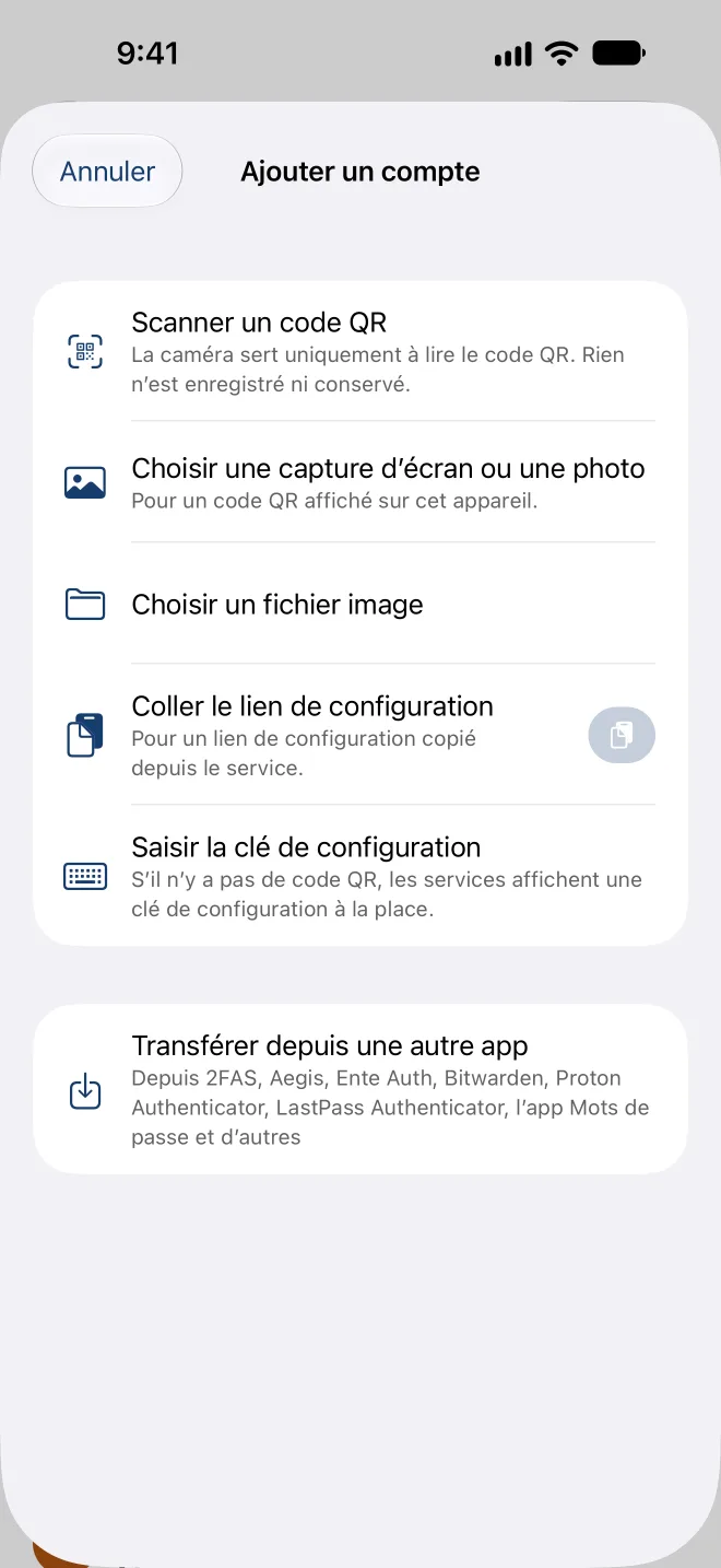 Ajouter un compte : scanner un code QR, choisir une capture d’écran, coller un lien de configuration ou saisir la clé