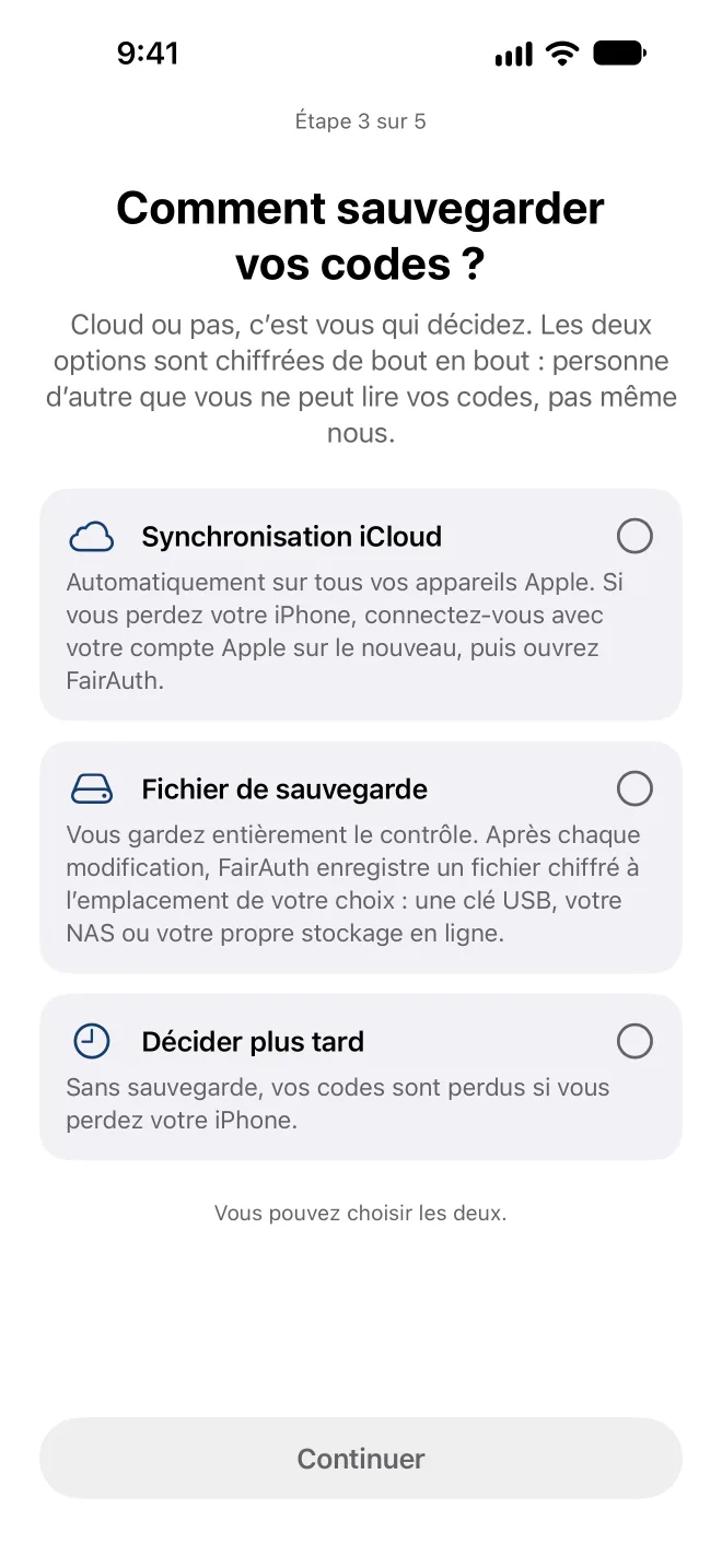 Choisir comment FairAuth sauvegarde vos codes