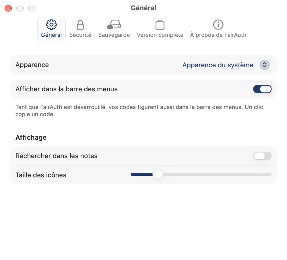 Les réglages de FairAuth sur Mac, avec les codes dans la barre des menus