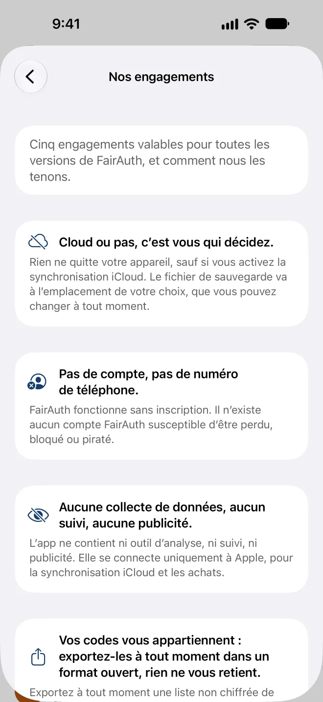 Les cinq promesses dans l’app