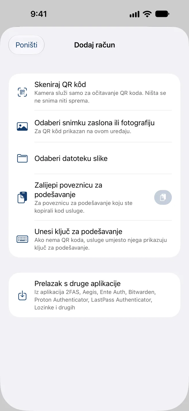 Dodavanje računa: skeniranje QR koda, odabir snimke zaslona, lijepljenje veze za postavljanje ili unos ključa