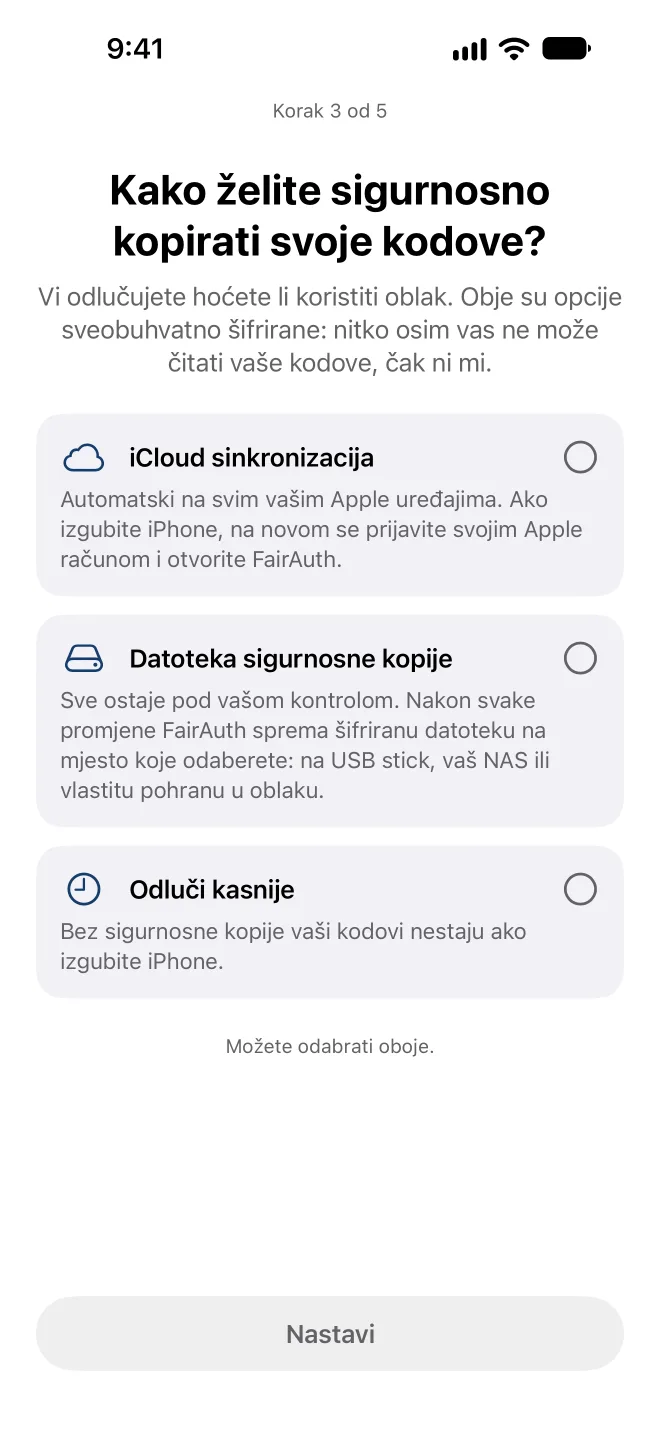 Odabir načina na koji FairAuth sigurnosno kopira vaše kodove