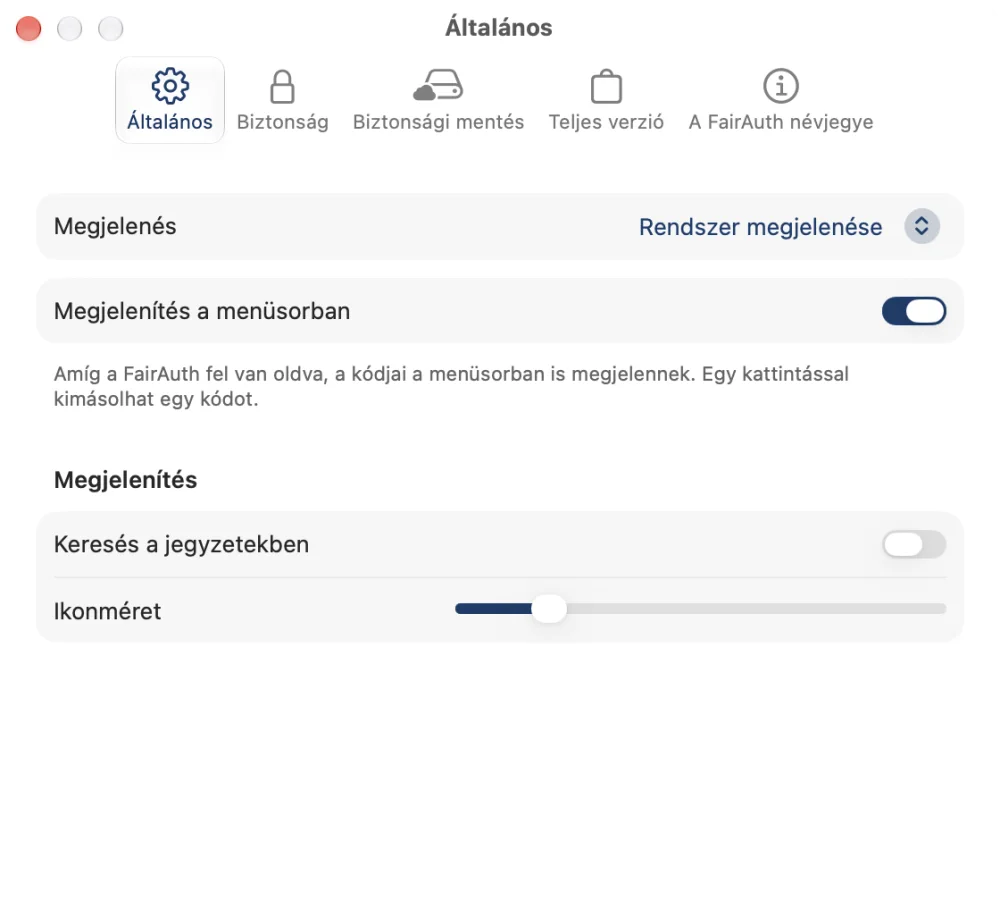 A FairAuth beállításai Macen, a kódokkal a menüsorban