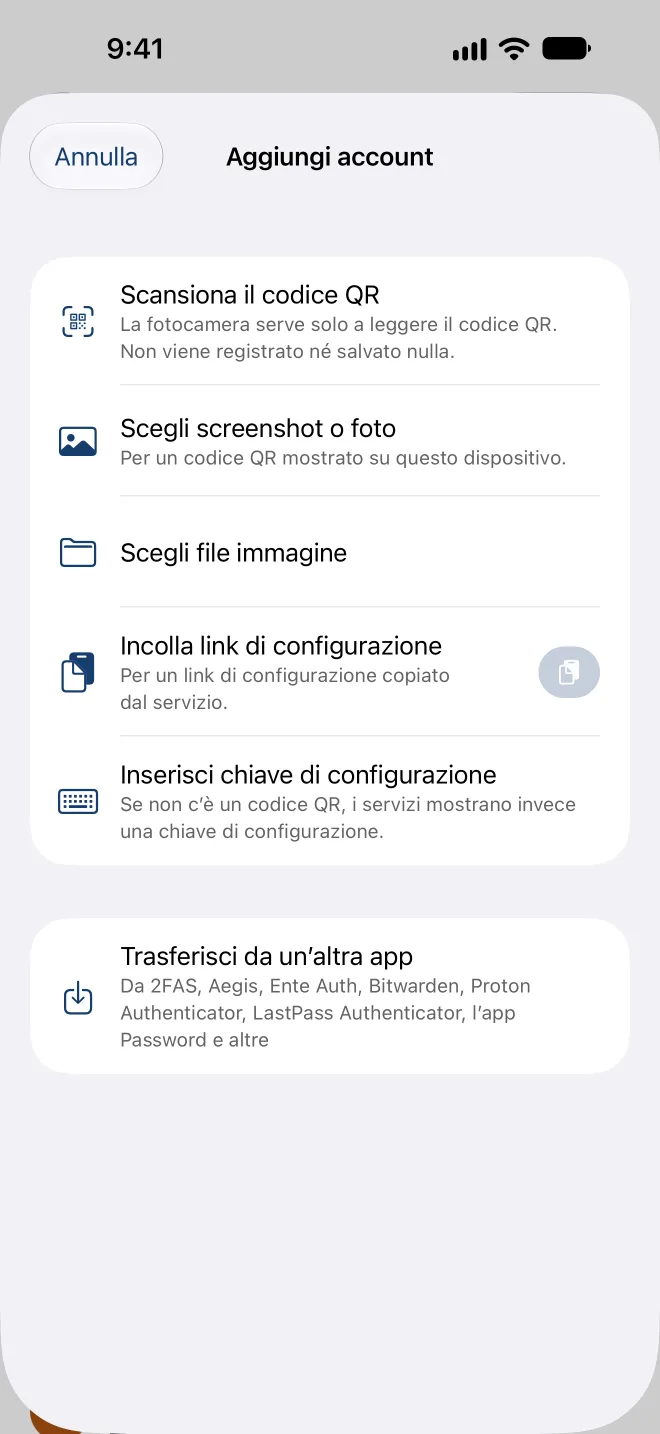 Aggiungere un account: scansionare un codice QR, scegliere uno screenshot, incollare un link di configurazione o inserire la chiave