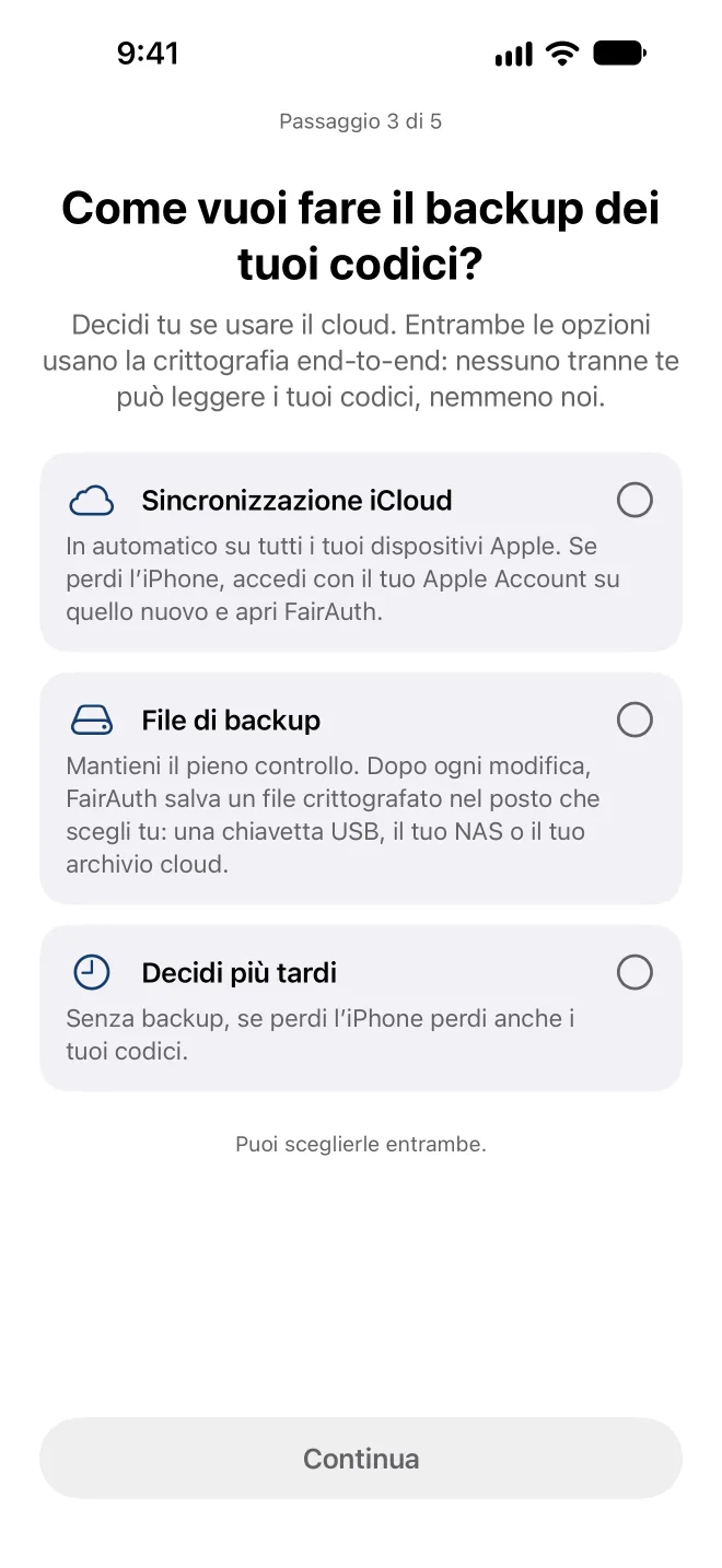 Scegliere come FairAuth esegue il backup dei codici