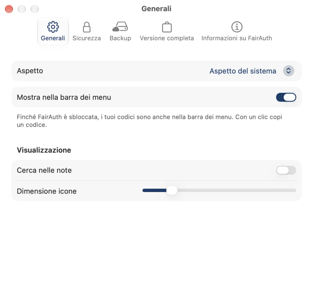 Le impostazioni di FairAuth sul Mac, con i codici nella barra dei menu