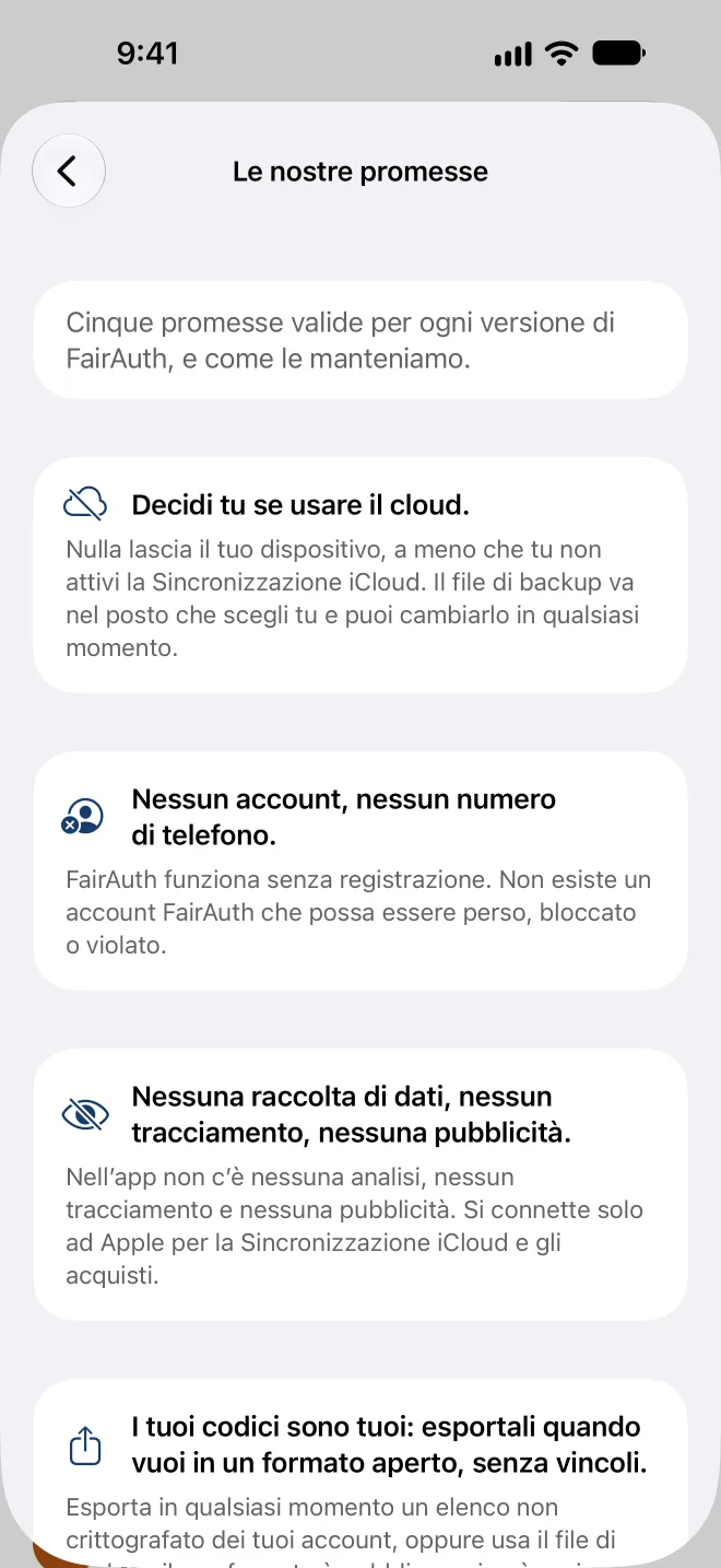 Le cinque promesse nell’app