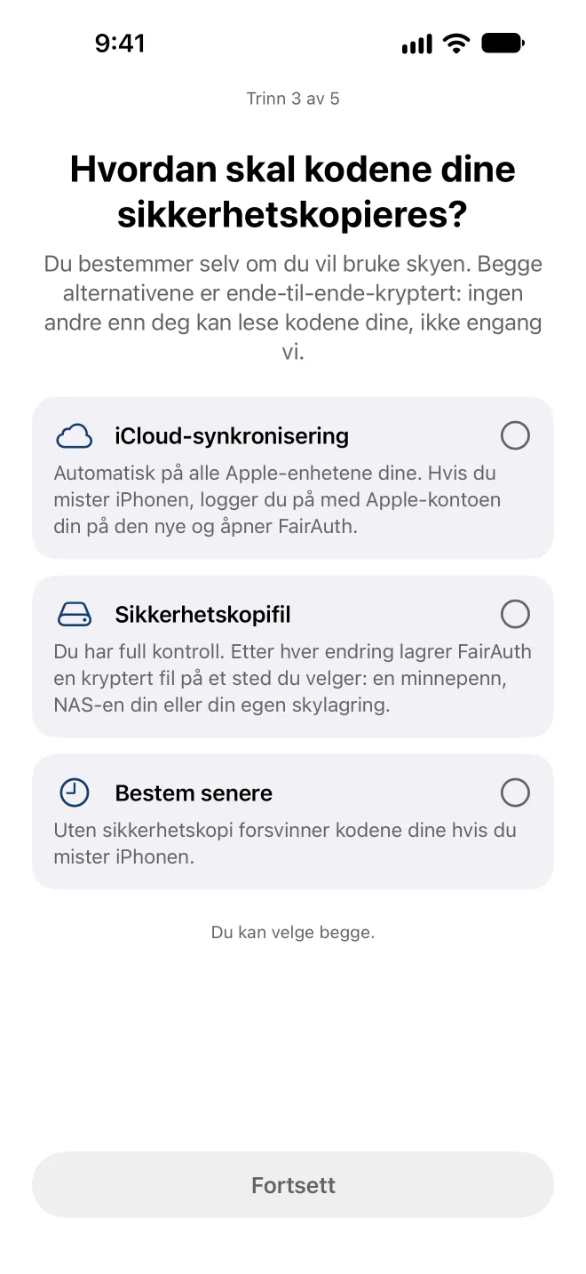Velg hvordan FairAuth sikkerhetskopierer kodene dine