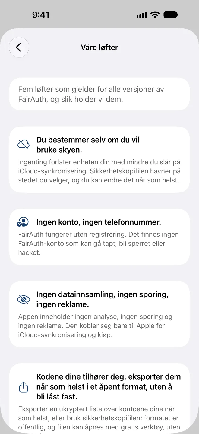 De fem løftene i appen