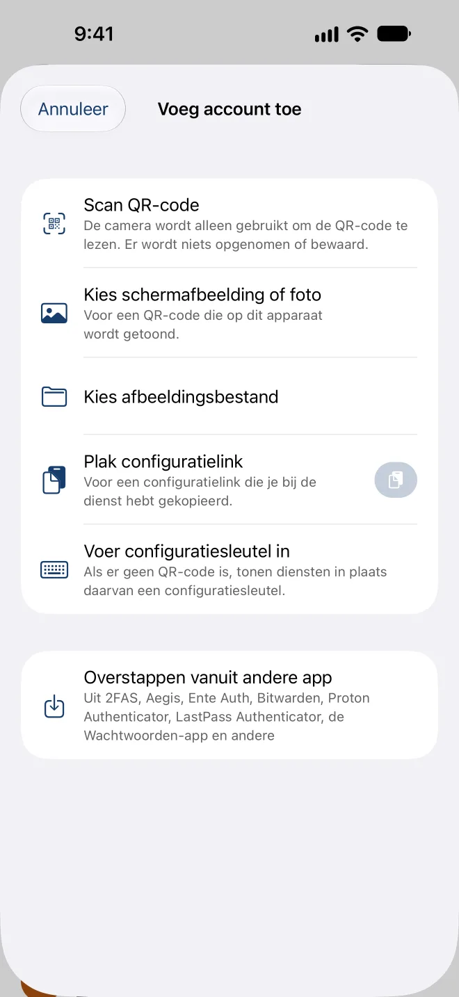 Account toevoegen: QR-code scannen, screenshot kiezen, configuratielink plakken of sleutel invoeren