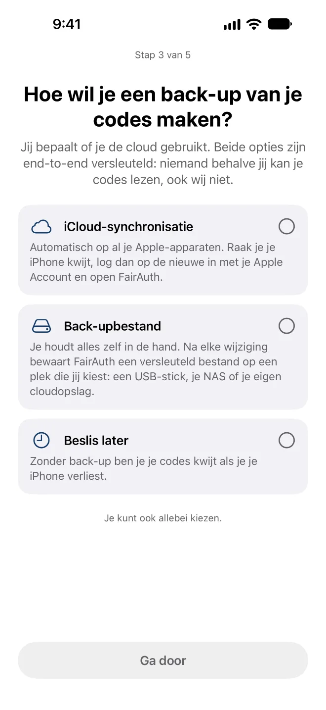 Kiezen hoe FairAuth een back-up van je codes maakt