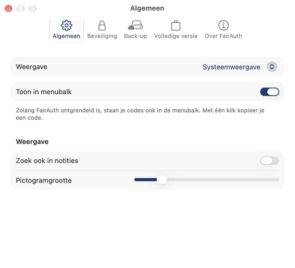 De instellingen van FairAuth op de Mac, met de codes in de menubalk