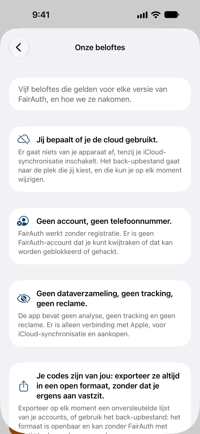 De vijf beloften in de app