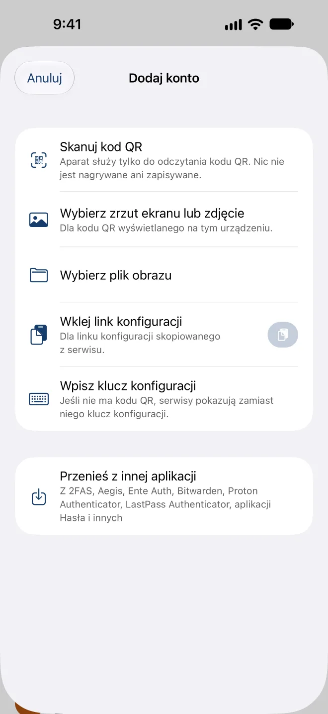 Dodawanie konta: skanowanie kodu QR, wybór zrzutu ekranu, wklejenie linku konfiguracyjnego lub wpisanie klucza