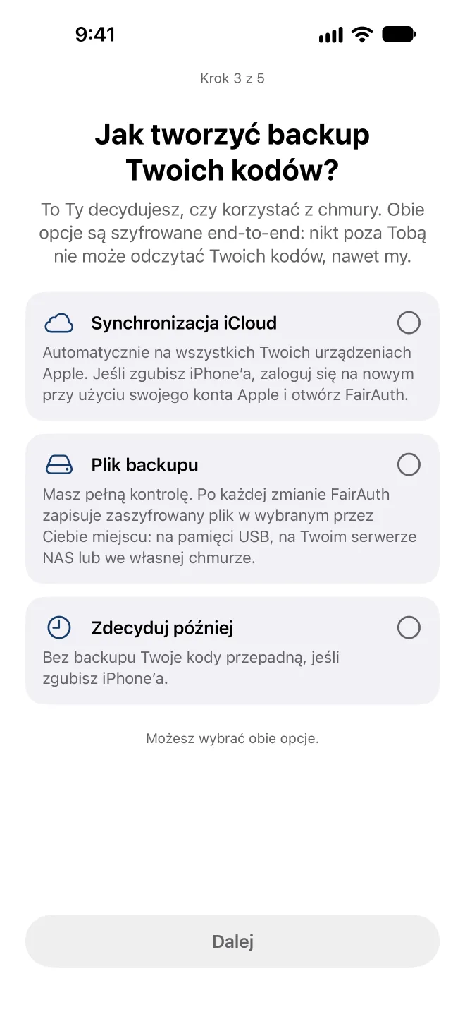 Wybór sposobu, w jaki FairAuth tworzy backup kodów