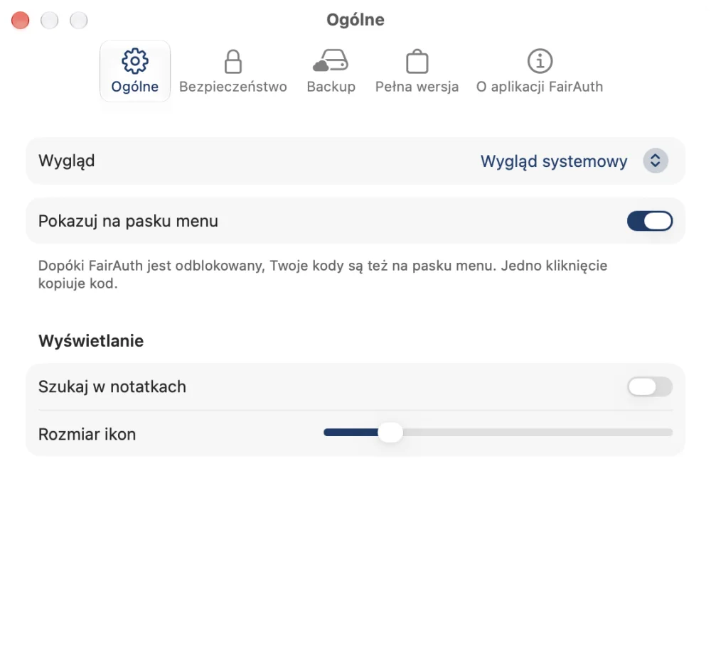Ustawienia FairAuth na Macu z kodami na pasku menu