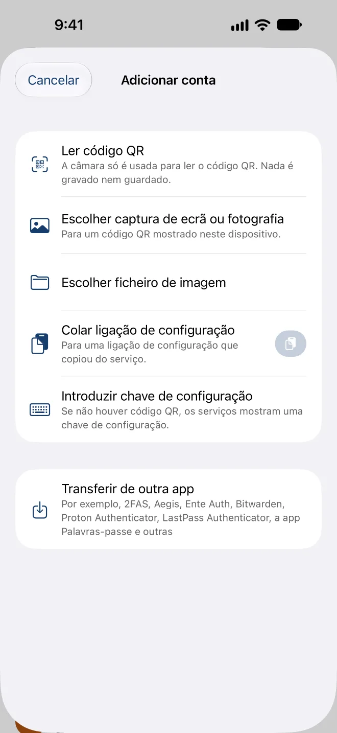 Adicionar conta: ler um código QR, escolher uma captura de ecrã, colar uma ligação de configuração ou introduzir a chave