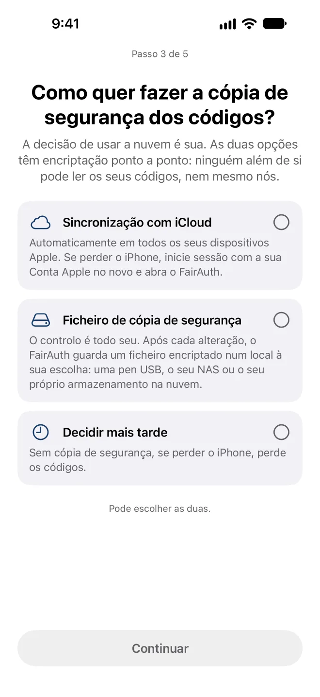 Escolher como o FairAuth faz cópia de segurança dos seus códigos