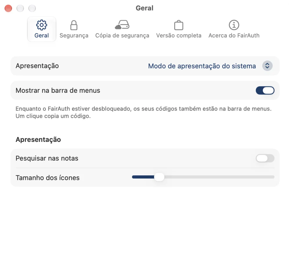 As definições do FairAuth no Mac, com os códigos na barra de menus