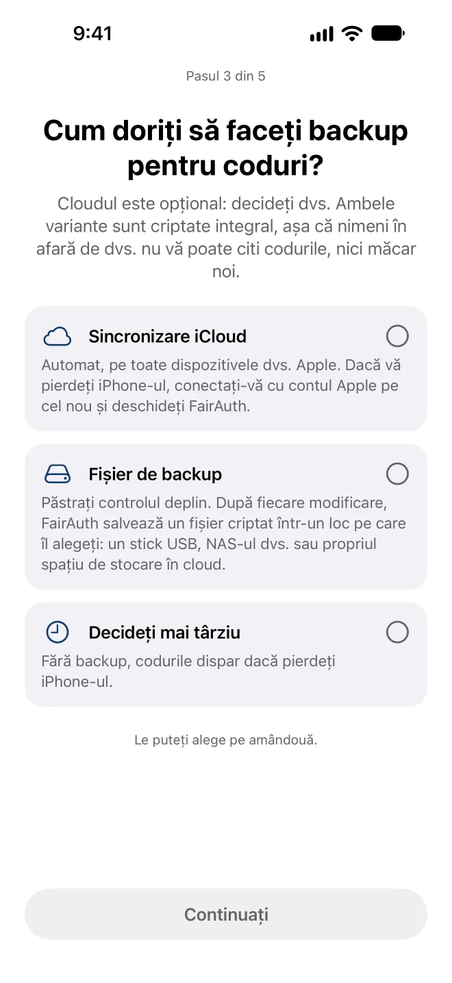 Alegerea modului în care FairAuth salvează codurile în backup