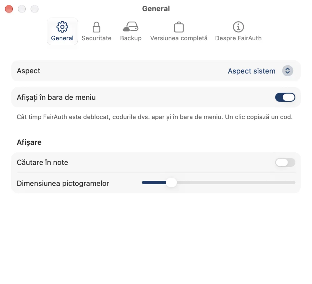 Setările FairAuth pe Mac, cu codurile în bara de meniu