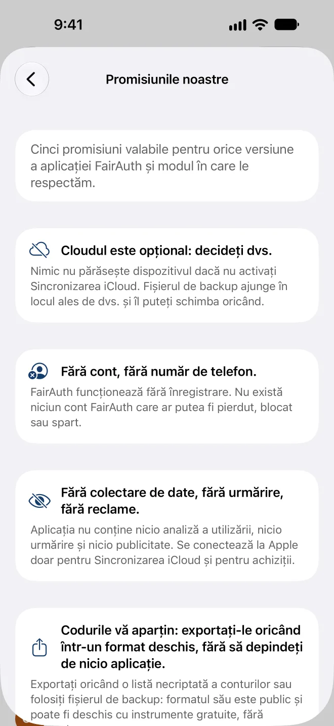 Cele cinci promisiuni din aplicație