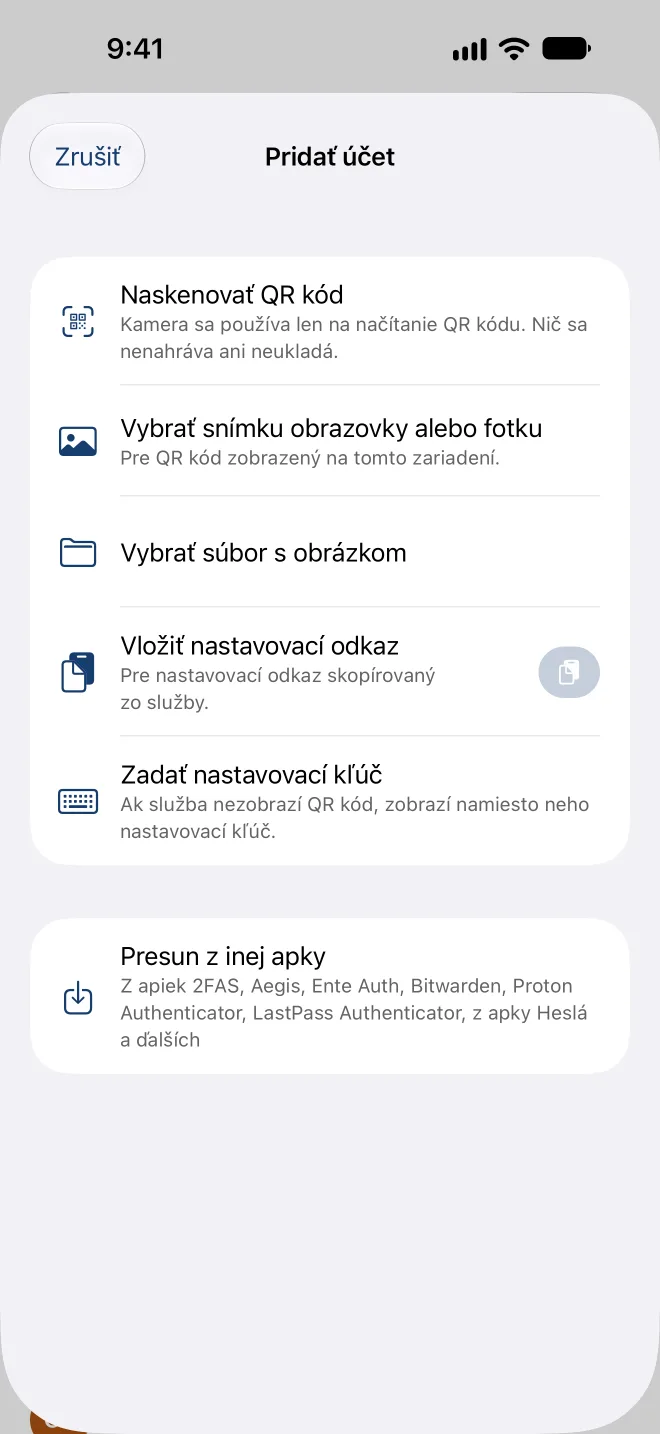 Pridanie účtu: naskenovanie QR kódu, výber snímky obrazovky, vloženie odkazu na nastavenie alebo zadanie kľúča