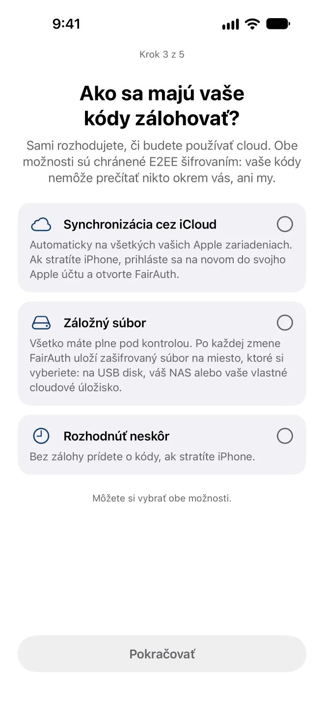 Výber, ako FairAuth zálohuje vaše kódy