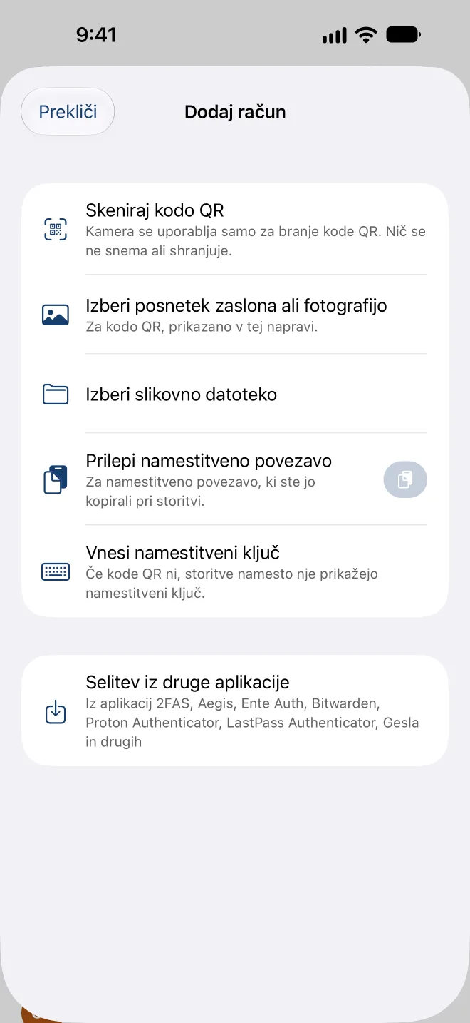 Dodajanje računa: skeniranje kode QR, izbira posnetka zaslona, lepljenje povezave za nastavitev ali vnos ključa