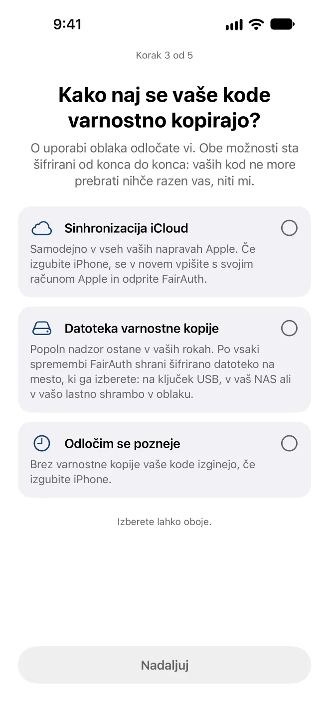 Izbira načina, kako FairAuth varnostno kopira vaše kode