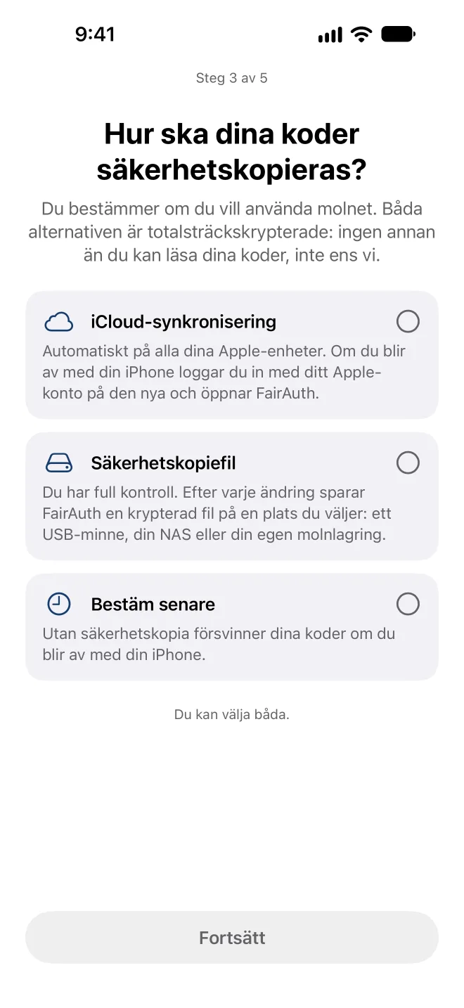 Välj hur FairAuth säkerhetskopierar dina koder
