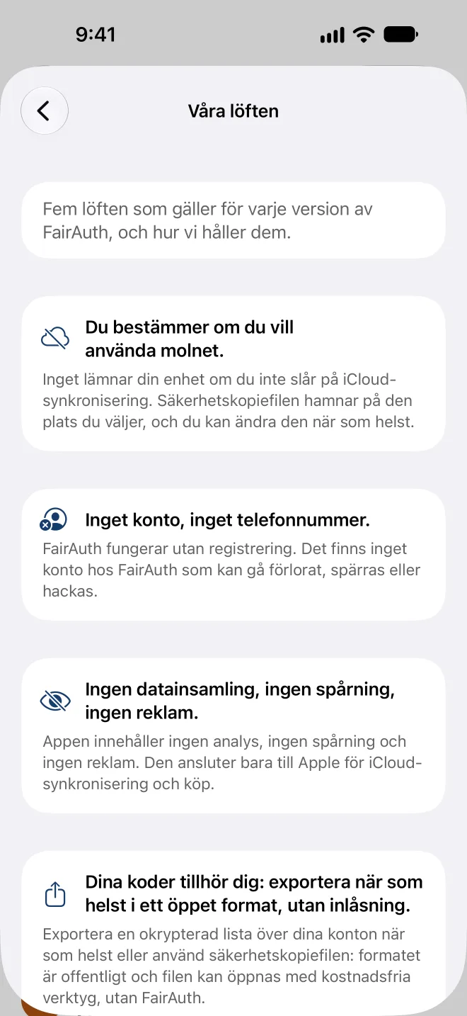 De fem löftena i appen