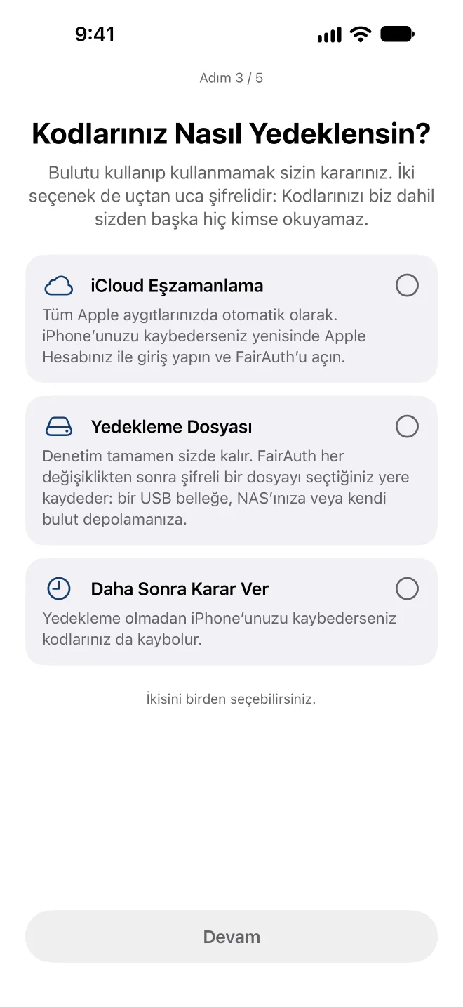 FairAuth’un kodlarınızı nasıl yedekleyeceğini seçme